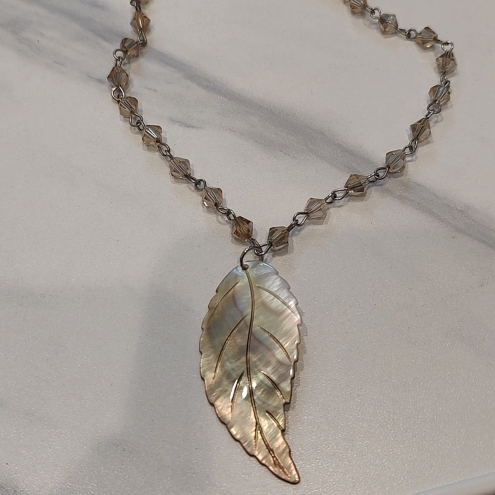 Beautiful Carved Mother Of Pearl Feather Pendant And Crystal Necklace